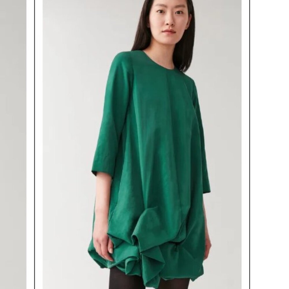 COS Long-Sleeved Gathered-Hem Dress - Emerald Green - Size 12 - Picture 2 of 14